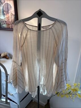 LC Lauren Conrad Cream Striped Bell-Sleeve Blouse
